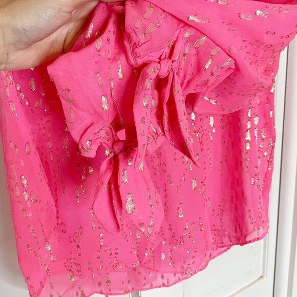 Lilly Pulitzer COLBY SILK CLIP TOP Neon Pink Gold Metallic Soleil Blouse Siz XXS - Picture 7 of 10